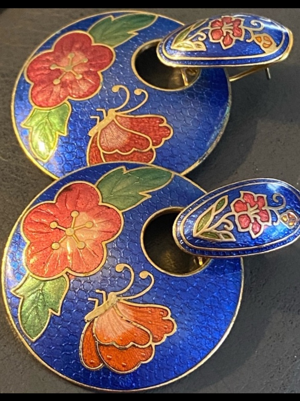 Vtg Cloisonné Enamel Butterfly Flower Pierced Earrings Gold Round Dangling Blue